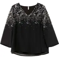Sheego Longbluse , Damen, Gr. 52, schwarz-weiß (schwarz, weiß gemustert), 100% Polyester, bedruckt, gemustert, mehrfarbig, V-Ausschnitt, Blusen Longbluse