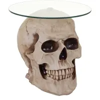 Mendler Beistelltisch Totenkopf HWC-A19, Glastisch Wohnzimmertisch Couchtisch Totenschädel, Polyresin rund Ø55cm natur