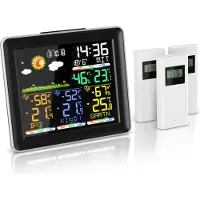 Brandson Funk-Wetterstation mit 3 Außensensoren, Thermo-Hygrometer, 6,5 Zoll Farbdisplay, DCF-Funkuhr, Barometer, 7 Wettersymbole, Trendpfeile, Wecker mit Snooze, schwarz