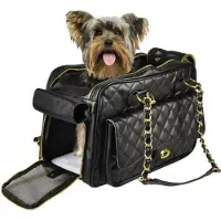 Flamingo Hundetasche - Tragetasche Gigi Schwarz – 40x22x28cm – Kunstleder – Kissen herausnehmbar – Sicherheitsleine – Tragegriffe – Belüftungsnetz – Standfüße