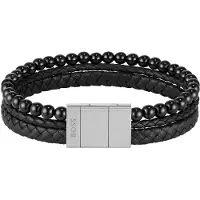 BOSS Lederarmband "SPHERE MIXED", schwarz (edelstahlfarben, schwarz, schwarz), Armbänder, 19cm, Edelstahl Leder, Edelstahl, Leder, Lederarmband, mit Onyx oder Tigerauge