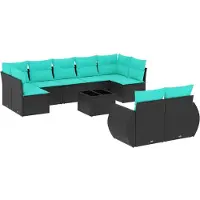 vidaXL 10-teiliges Gartensofa-Set mit Kissen, schwarzes Polyrattan