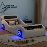 Merax Kinderbetten 90x200cm, Autobett mit LED Rädern, Stauraum, Lattenrost, Jugendbett, Einzelbett, Polsterbett, PU, Weiß