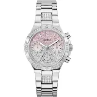 GUESS Multifunktionsuhr "HARLOW", silber (silberfarben, silberfarben, rosa), Armbanduhren, Damen, silberfarben, Multifunktionsuhr, Quarzuhr, Armbanduhr, Damenuhr, Edelstahlarmband, Datum