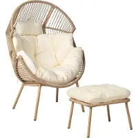Beliani Gartensessel Natürlich PE Rattan mit Hocker Auflagen Cremeweiß Terrasse Balkon Außen Wohnzimmer Gartenzubehör im Retro Stil