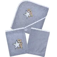 Wörner Handtuch Set WÖRNER "Teddy/Stern Kapuzenbadetuch mit 2 Waschhandschuhen", grau, 3 Stk., Stern, Frottier, Frottier, Obermaterial: 100% Baumwolle, Handtücher, Handtuch Set, mit süßer Teddystickerei