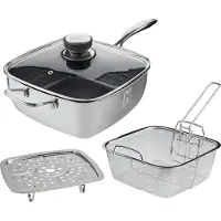 Hensslers Servierpfanne "Edelstahl Viereck-Hochrandpfanne mit Glasdeckel", silber (silberfarben), B:26cm H:9,5cm L:46cm Ø:25,5cm, Pfannen, Servierpfanne, inklusive Dünst- und Grilleinsatz