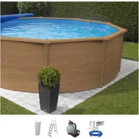 Kwad Rundpool "Wood Design, inkl. Sicherheitsleiter und Zubehör" 5-tlg., H: 132 cm, sandfarbene Innenfolie