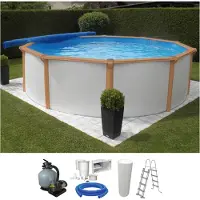 Kwad Rundpool "White Timber inkl. Sicherheitsleiter und Zubehör", weiß, H:132cm Ø:550cm, Schwimmbecken, Rundpool, 5-tlg 3,6, 5,5 oder 4,6 m Durchmesser, Höhe: 1,32m, mit blauer Folie