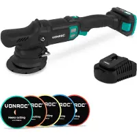 Vonroc Dual action polisher 20V 125mm - With 2Ah battery, charger and 5 beveled edge pads