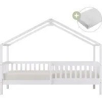 Sunny Kae Hausbett aus Holz in Weiß | Kinderbett in Haus Form mit Rausfallschutz | Einzelbett Mit Matratze in 207 x 96 x 156,5 cm | Für