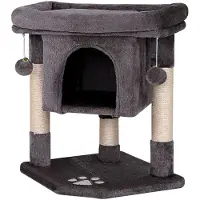 Lionto Kratzbaum für Katzen 60 cm, mit Kuschelhöhle, Plüschbällen & robusten Sisalstämmen, platzsparend & modern, dunkelgrau