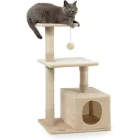 Lionto Katzenkratzbaum, 85 cm kompakter Kratz- & Spielbaum mit Höhle, 2 Plateaus, Plüschball & Sisalstämmen, mit Wandhalterung, hellgrau