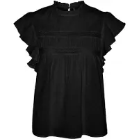 Vero Moda Blusenshirt "VMTRINE SL LACE TOP WVN NOOS", Damen, Gr. XS, schwarz, Web, Obermaterial: 100% Baumwolle, unifarben, regular fit normal, Rundhals, Flügelärmel, Shirts Blusenshirt, Baumwolle