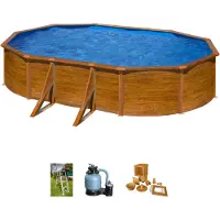 Gre Ovaler Stahlwandpool mit Holzoptik KIT610W – 610 x 375 x 120 cm, Komplettset