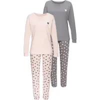 Vivance Pyjama DREAMS, Damen, Gr. 32/34, taupe, rosa, Single Jersey, Obermaterial: 100% Baumwolle, gemustert, Basic lang, Rundhals, Homewear-Sets Pyjama, mit süßem Herzmuster, Topseller