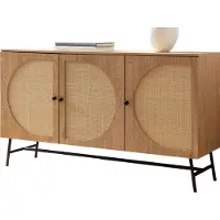 Wohnling Sideboard 140x80x39 cm Kommode Eiche-Nachbildung mit Rattan Geflecht Modern Hoher Kommodenschrank Standschrank mit 3 Türen Anrichte Wohnzimmer