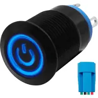 Proride Metall-Druckschalter ON-OFF 12mm 220V mit Anschlusskabel und blauer LED