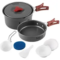 Neo Tools 7 in 1 Tourist Topf, Bratpfanne, 2X Teller, Schöpfkelle, Pfannenwender, Schwamm, Material Topf und Pfanne eloxiertes Aluminium, Material Teller, Schöpfkelle und Pfannenwender Kunststoff