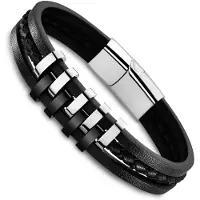 Lotus Armband "Urban Man", schwarz (schwarz, edelstahlfarben), Armbänder, 21,5cm, Edelstahl Leder, Edelstahl, Leder, Armband