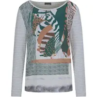 Goldner Kurzgröße: Langarm Satinshirt mit Allover-Print in graugrün / gemustert | Gr.: 22