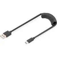Digitus USB-A - USB-C Spiralkabel, 1m, 1 m, USB A, USB C, USB 2.0, 0,48 Gbit/s, Schwarz