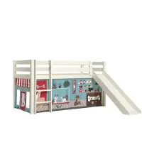 Vipack Halbhohes Bett PINO, mit Rutsche und Textilset "Pet Shop", Ausf. Kiefer massiv weiß lackiert