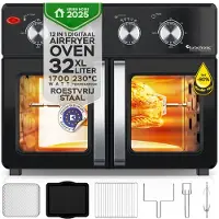 TurboTronic AFD32 Airfryer XXL und Backofen - Doppeltür - 32 Liter - Extra Zubehör - 12 Garprogramme - Timer bis zu 99 Min. - 25 bis 230 Grad - Silber