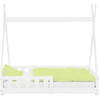 ECD-Germany Kinderbett Tipi 70x140 cm mit Rausfallschutz und Lattenrost, Weiß, aus Kiefernholz, Hausbett mit Zaun, Bodenbett, Holzbett