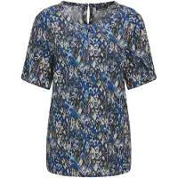 Goldner Kurzgröße: Elegantes Halbarm Blusenshirt, Druck in blau / stein / gemustert | Gr.: 22