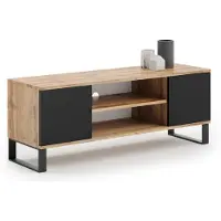 KOBI TV-Schrank FOCUS 155 | Modernes Design in Eiche Craft Gold und Schwarz | Laminatplatte 18 mm mit ABS-Kanten und Soft-Close-System | Metallbeine | Für Fernseher bis 65 Zoll