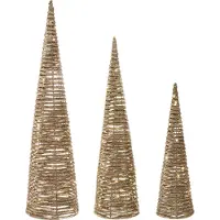 Beliani LED Weihnachtsdekoration Tannenbaum 3er Set Gold Metall u. Kunststoffgeflecht Glänzend Dekofigur für Tisch Indoor Wohn- und Schlafzimmer