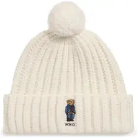 Ralph Lauren für Damen. 455931876001 Rippstrickmütze mit Polo Bear und cremefarbenem Bommel (OSFA), Weiß, Lässig, Wolle