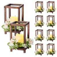 Vevor 10er-Set Holzlaternen für Hochzeiten, inkl. 10 Holzlaternen-Kerzenhaltern, 10 flammenlosen LED-Kerzen, 10 Champagner-Blumenkränzen für Hochzeitstisch, Party, Bauernhaus-Dekoration, Braun