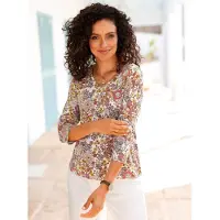 Inspirationen 3/4-Arm-Shirt "3/4-Arm-Shirt", Damen, Gr. 36, orange (ecru, papaya, bedruckt), 95% Viskose, 5% Elasthan, bedruckt, geblümt, gemustert, mehrfarbig, V-Ausschnitt, Shirts 3/4-Arm-Shirt