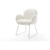DELIFE Esszimmerstuhl Nube-Flex mit Armlehnen Bouclé Soft Beige Kufengestell Edelstahl Taschenfederkern