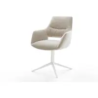 DELIFE Drehstuhl Yago-Flex mit Armlehnen Webstoff Soft Beige Fußkreuz Weiß 360° drehbar Wippfunktion Taschenfederkern