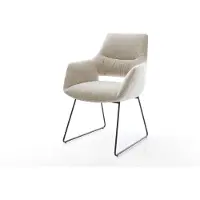 DELIFE Esszimmerstuhl Yago-Flex mit Armlehnen Webstoff Soft Beige Kufengestell Schwarz Taschenfederkern
