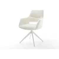 DELIFE Drehstuhl Yago-Flex mit Armlehnen Bouclé Soft Beige Kreuzgestell breit Weiß 360° drehbar Wippfunktion Taschenfederkern