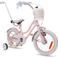 Sun baby Heart Bike Kinderfahrrad für Mädchen 14 Zoll, ab 3 Jahre, mit Stützrädern, abnehmbarer Schubstange, Korb, Klingel, Rücktrittbremse & V-Brake