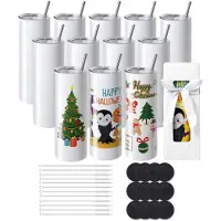 Vevor 12er-Pack Gerade Sublimationsbecher, 591,5 ml Blanko-Becher, Edelstahl-Doppelwandbecher mit Strohhalm, Deckel, Bürste, Boden, Schrumpffolie, Geschenkbox, für Wärmepresse und Wärmeübertragung