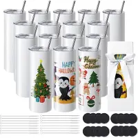 Vevor 16er-Pack gerade Sublimationsbecher, 567 g Blanko-Becher, Edelstahl-Doppelwandbecher mit Strohhalm, Deckel, Bürste, Boden, Schrumpffolie, Geschenkbox, für Wärmepresse und Wärmeübertragung