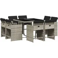 Syfax 9-tlg. Garten-Essgruppe mit Kissen Hellgrau Poly Rattan