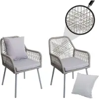 Mendler 2er-Set Gartenstuhl HWC-O12, Outdoor Sitz-/Rückenpolster Aluminium Seilgeflecht Rope grau, Bezug grau