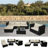 Mendler Poly-Rattan-Garnitur Brescia, Gartengarnitur Sitzgruppe Sofa Lounge-Set - schwarz, Kissen creme