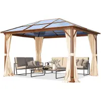 TOOLPORT Gartenpavillon 3x4 m Holzoptik, ca 8 mm Polycarbonat-Dach, 4 Seitenteile in champagner