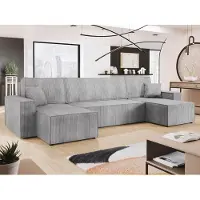 Mirjan 24 Wohnlandschaft Karl U Cord, Eckcouch mit Bettkasten und Schlaffunktion, Schwarze Füße, Kissen mit Reisverschluss, 312x145x82 cm (Farbe: Poso 110)