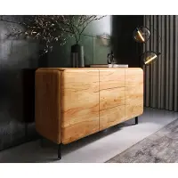 DELIFE Sideboard Shavani 145 cm Akazie Natur 2 Türen 3 Schubladen L-Fuß Metall Schwarz