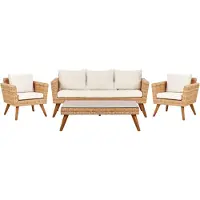 Beliani Gartenmöbel Set Hellbraun und Cremeweiß Rattan Sicherheitsglas Textil inkl. Kissen 5-Sitzer Terrasse Outdoor Modern
