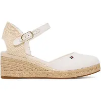 Tommy Hilfiger Keilsandalette "MID WEDGE ESPAD CLOSED TOE", Damen, Gr. 40, weiß (ecru), Leder, Textil, Schuhe Keilsandalette, Plateau, Sommerschuh mit verstellbarer Schnalle, schmale Form